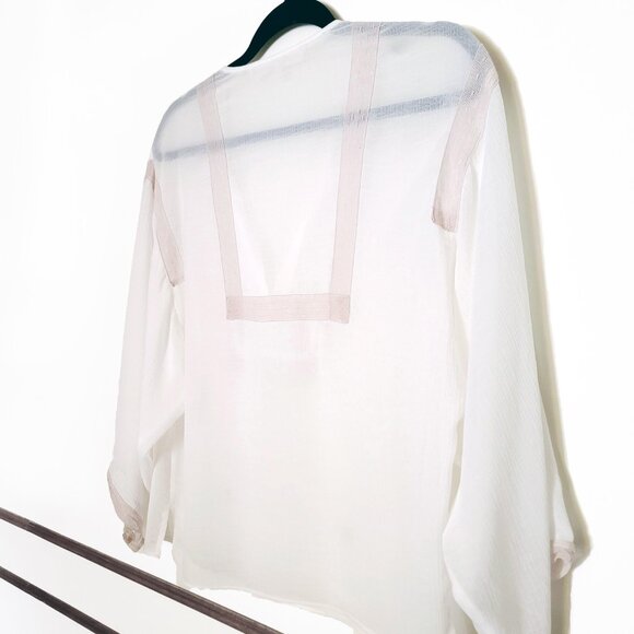 Rachel Roy ; White Blouse Top with Pink Details and Tie Neck Collar - Picture 2 of 6